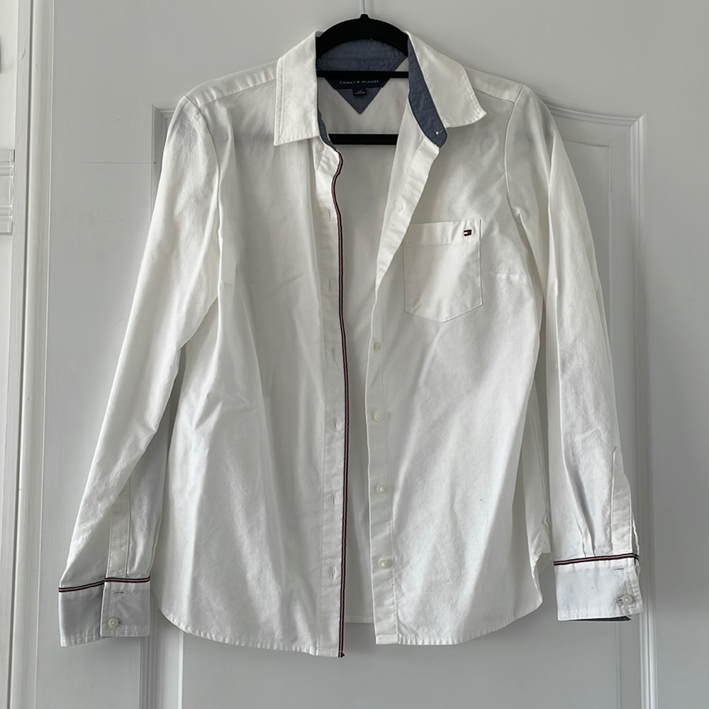Beautiful Tommy Hilfiger Button Down White Shirt with Blue and Striped Accents